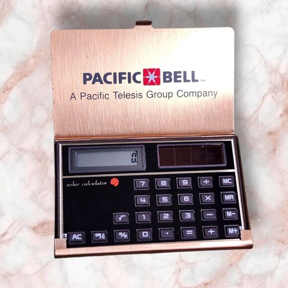 Pacific Bell Solar Pocket Calculator Brass Case Vintage Works w Velvet Case - Picture 3 of 8